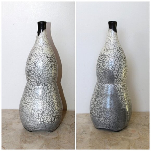 Meibelin Ceramic Other - Naked Raku ceramic pottery bottle white and black glaze signed by artist unique